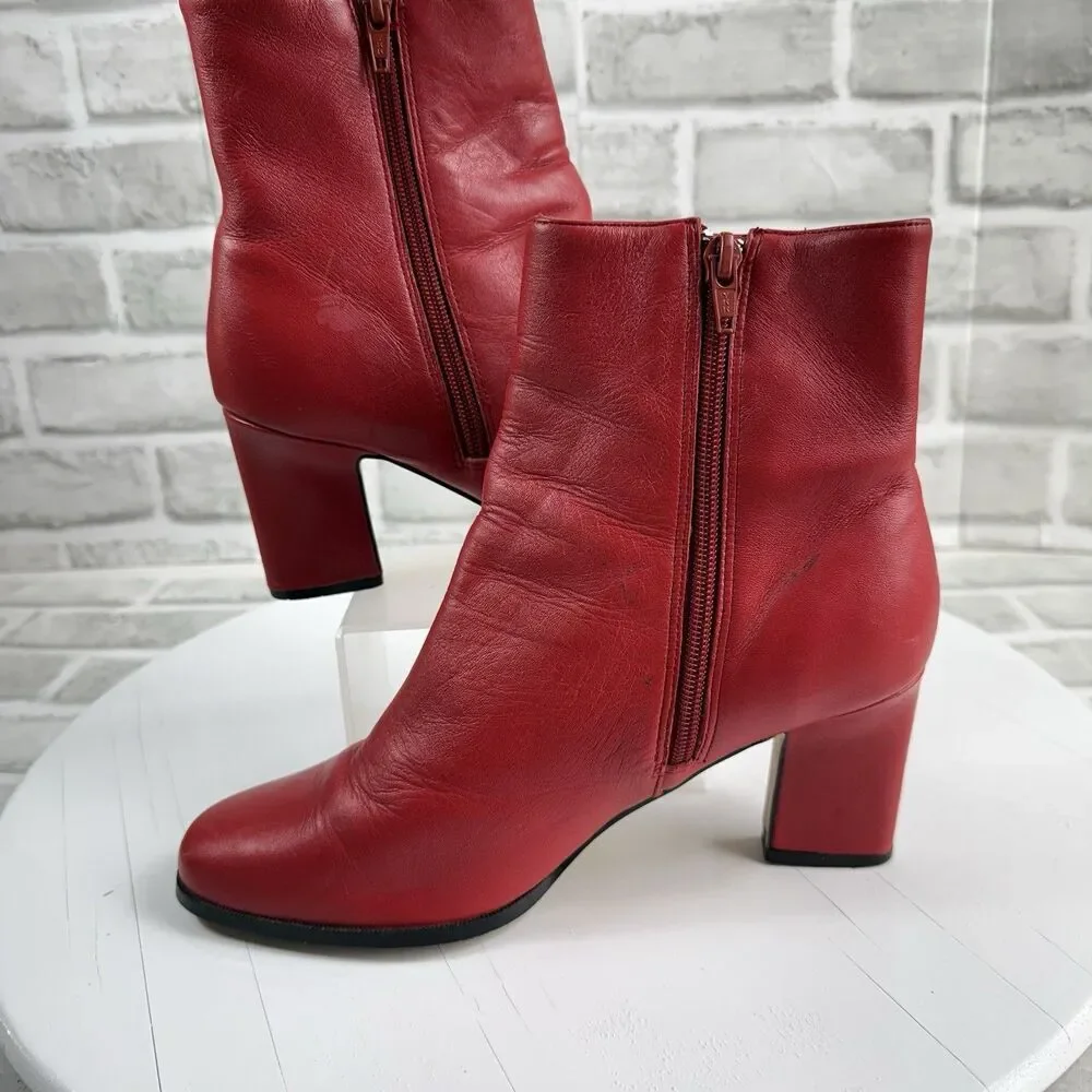 Classique VINTAGE Women's Size 8 Red Leather Block Heel Ankle Zip Classic Boots